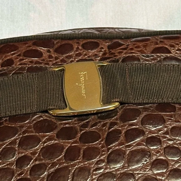 Salvatore Ferragamo Brown Croc Embossed Crossbody Bag with Bow Accent - Picture 2 of 5